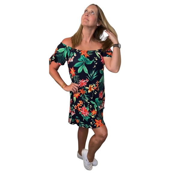 Derek Heart Off-Shoulder Floral Mini Dress M Tropical, Resort, Vacation, Summer - Picture 1 of 6